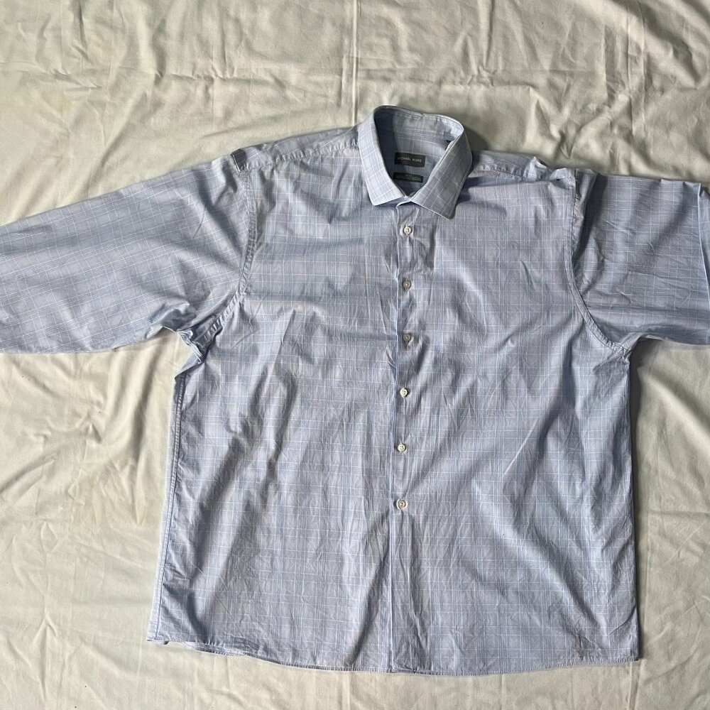 Michael Kors Light Blue White Red Grid Long Sleeve Shirt 18 1/2 34-35